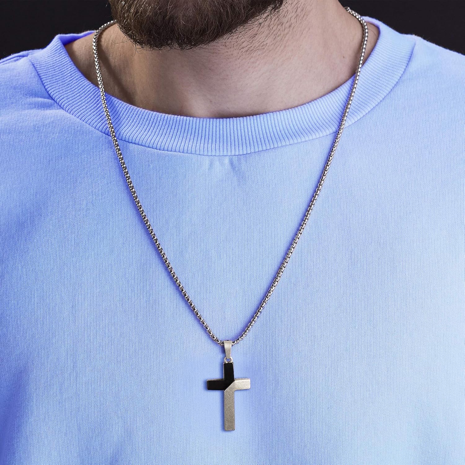 Steve Madden Black Rhodium IP Plated Stainless Steel Diagonal Design Cross Necklace for Men on 26 Inch Box Chain with 2 Inch Extender (Black) | 
