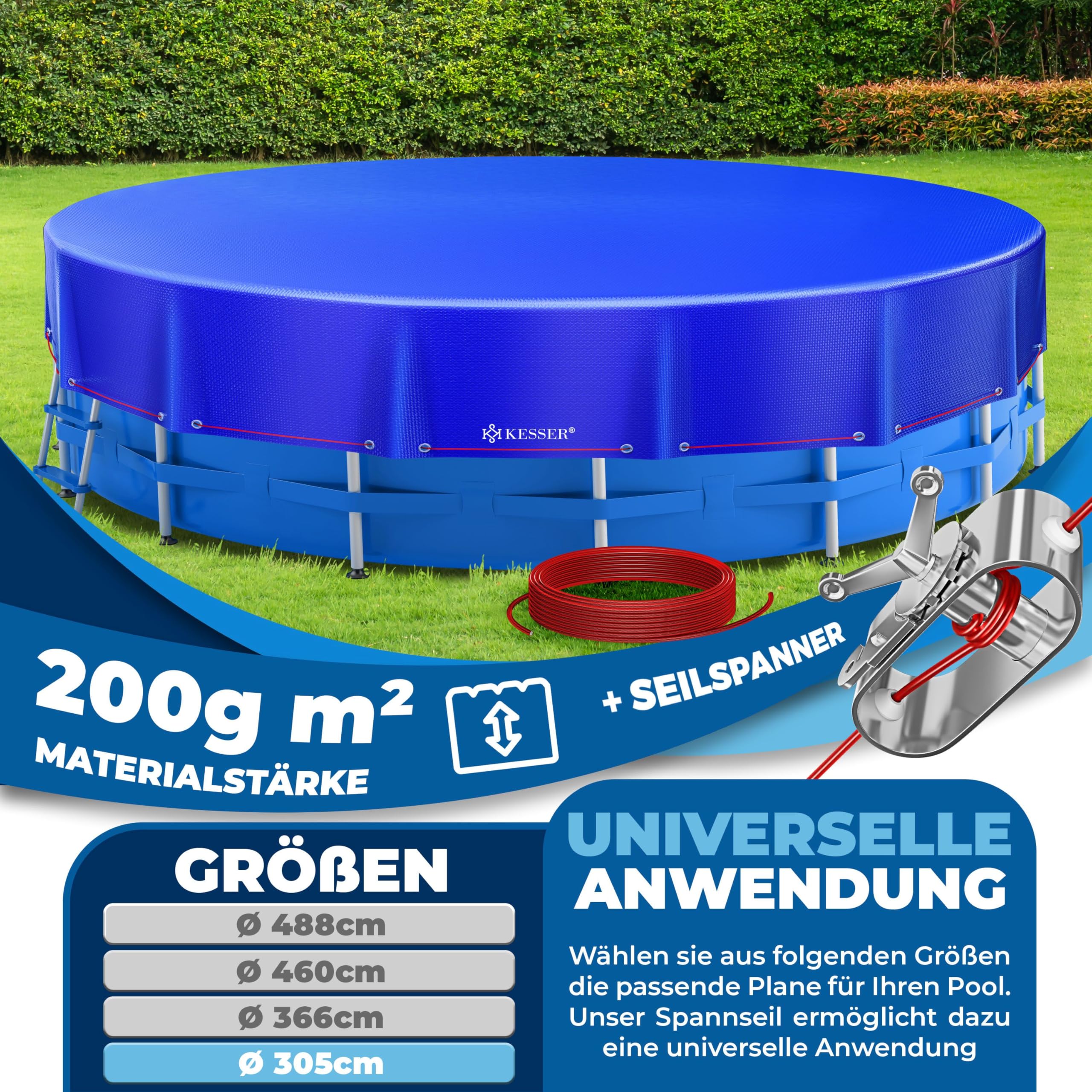 KESSER® Solar Poolabdeckung Pool Abdeckplane Rund Ø305cm Poolplane 200g/m² PE Material Inkl. Stahlseil + Seilspanner mit Ösen Solarplane Abdeckung UV-resistent, Wetterfest für Sommer & Winter 2