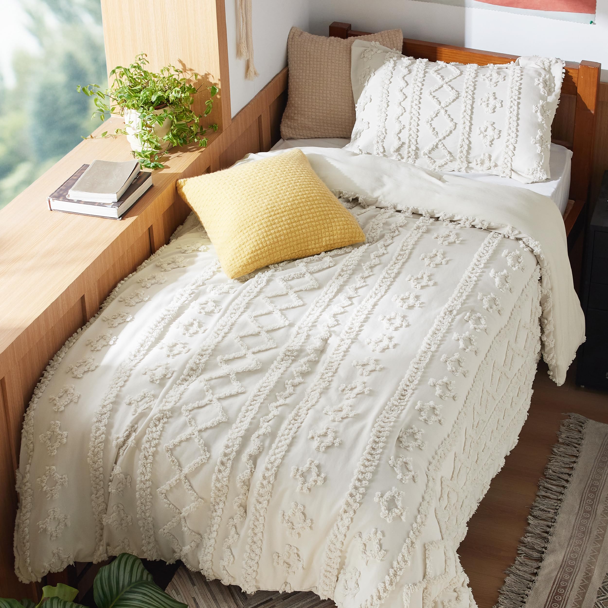 Bedsure Tufted Boho Comforter Set Twin Size - Beige Boho Bed Set, GentleSoft™ 2 Pieces Farmhouse ...