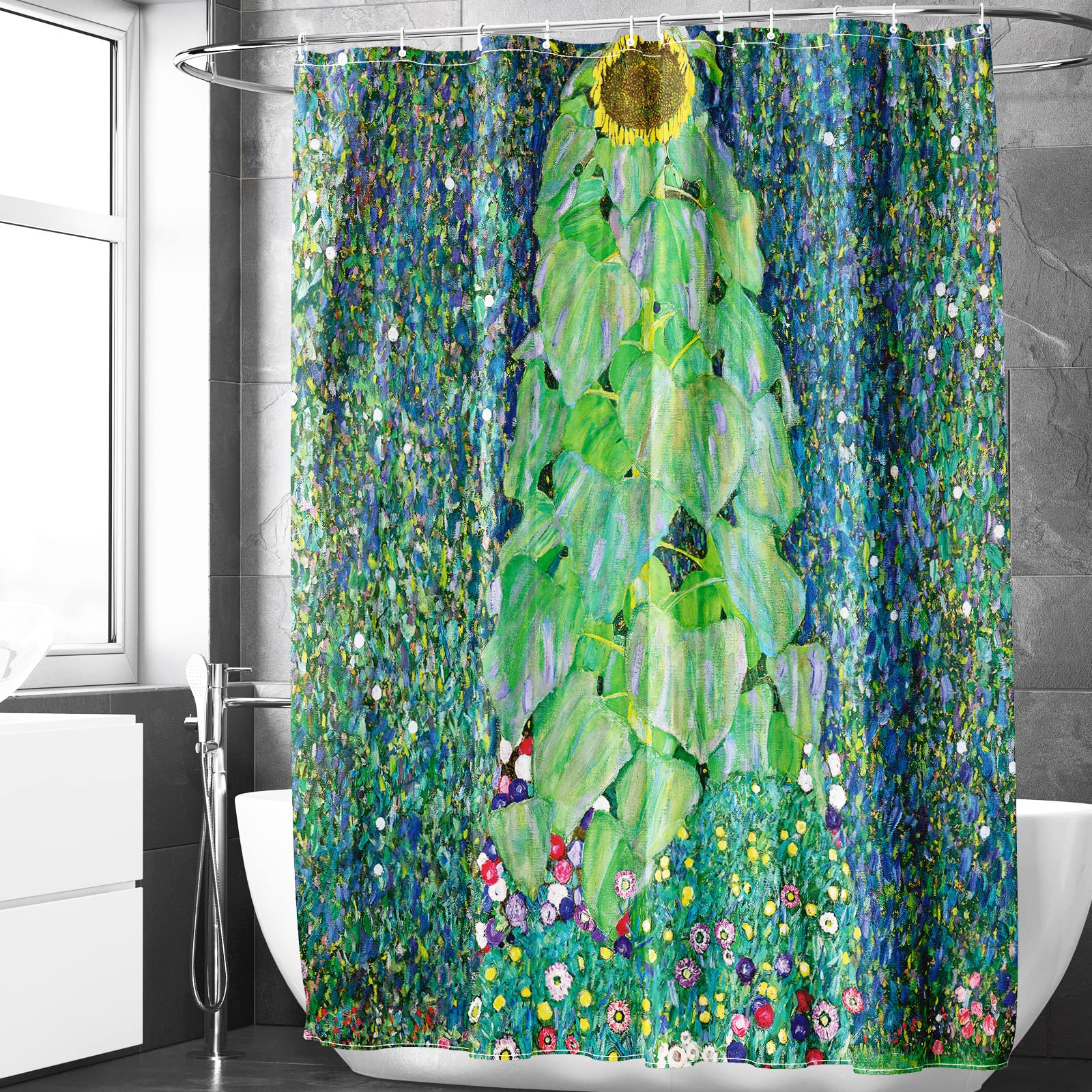 Berkin Arts Bathroom Shower Curtain Set 70x70 Inch Waterproof Polyester with Hooks Post-Impressionism Clematis Design Theme (Sunflower by Gustav Klimt)