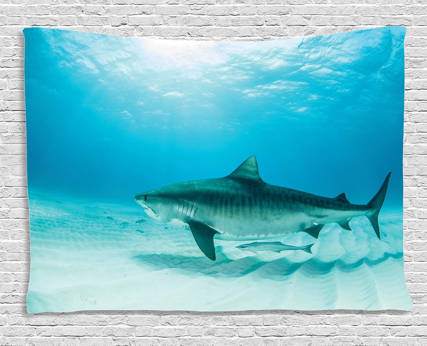 Ambesonne Sea Animal Decor Tapestry, Tiger Shark on The Bottom of Water Danger Icon Wild Life Jaws Symbol Image, Wall Hanging for Bedroom Living Room Dorm, 80WX60L Inches, Turquoise