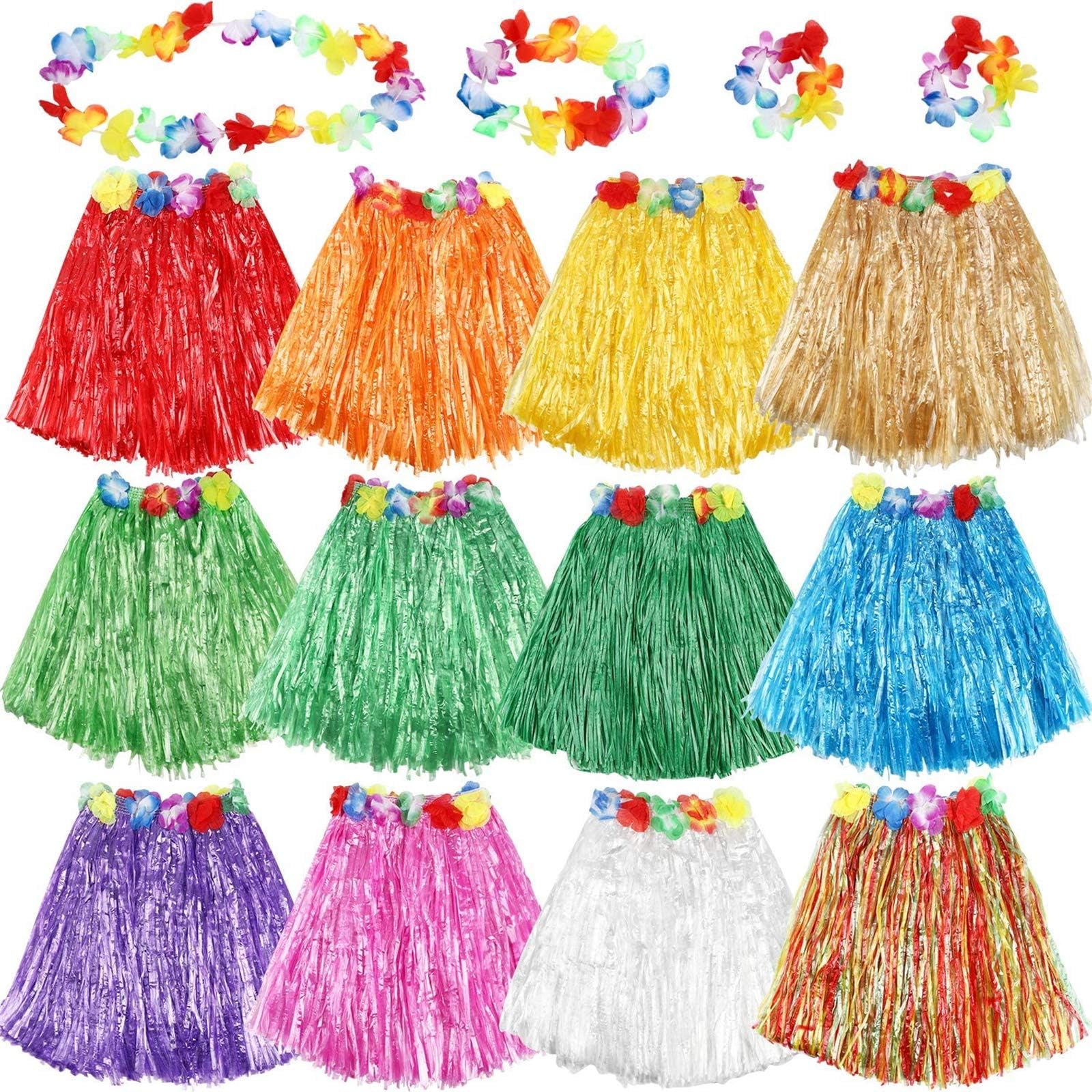 HEHALI Pack of 12 Assorted Colors Hula Grass Skirts with Flower Leis Costume Set, Luau Grass and Hawaiian Flower Bracelets, Headband, Necklace