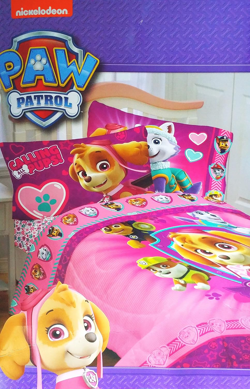 Paw Patrol Twin Sized 4 Piece Pink Bedding Set Comforter and Sheet