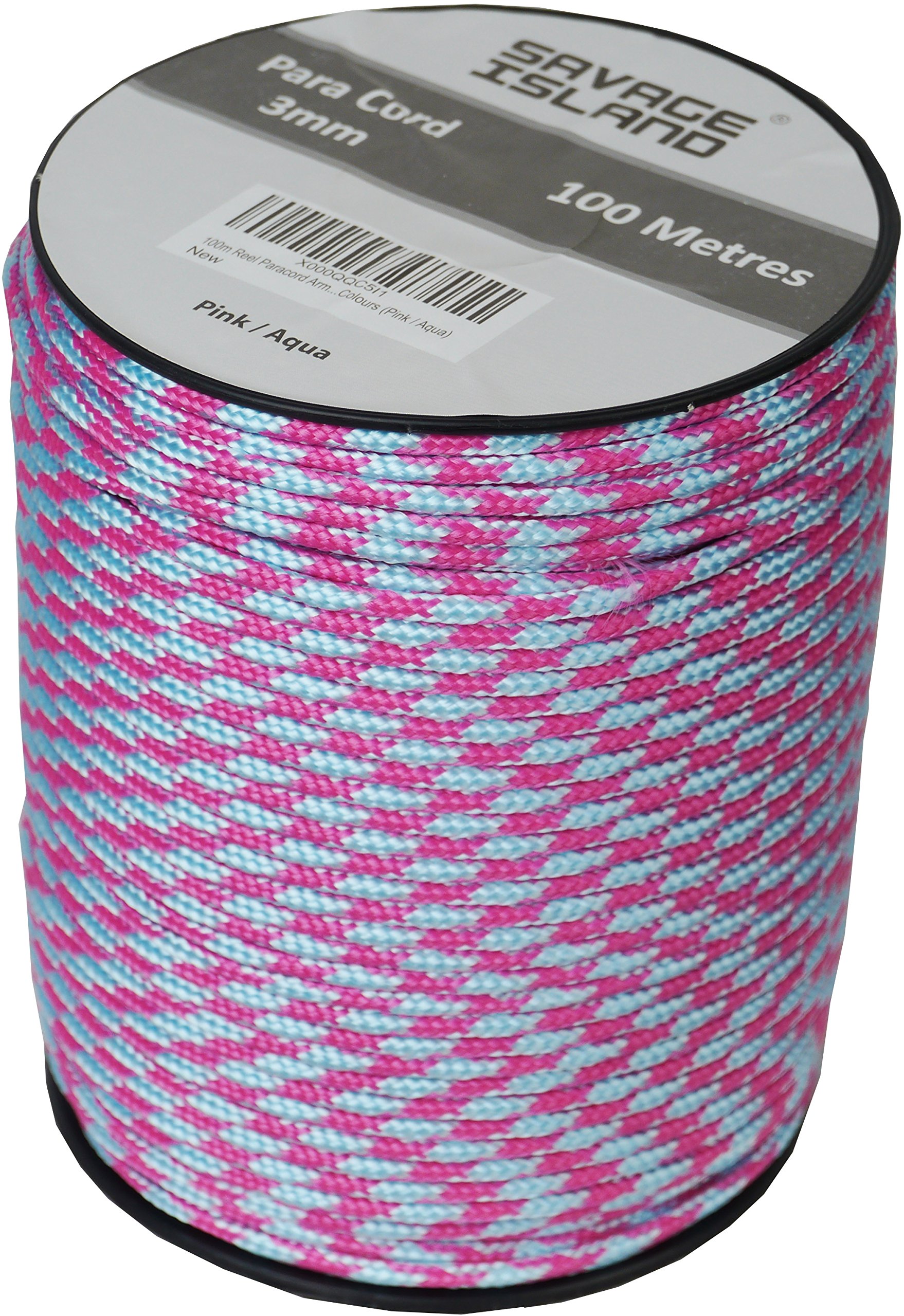 100m Reel Paracord Army Camping for Tent Basha Bivi Shelter Buidling Hammock Gardening Bushcraft in Green, Black, Coyote and Red Colours (Pink/Aqua)