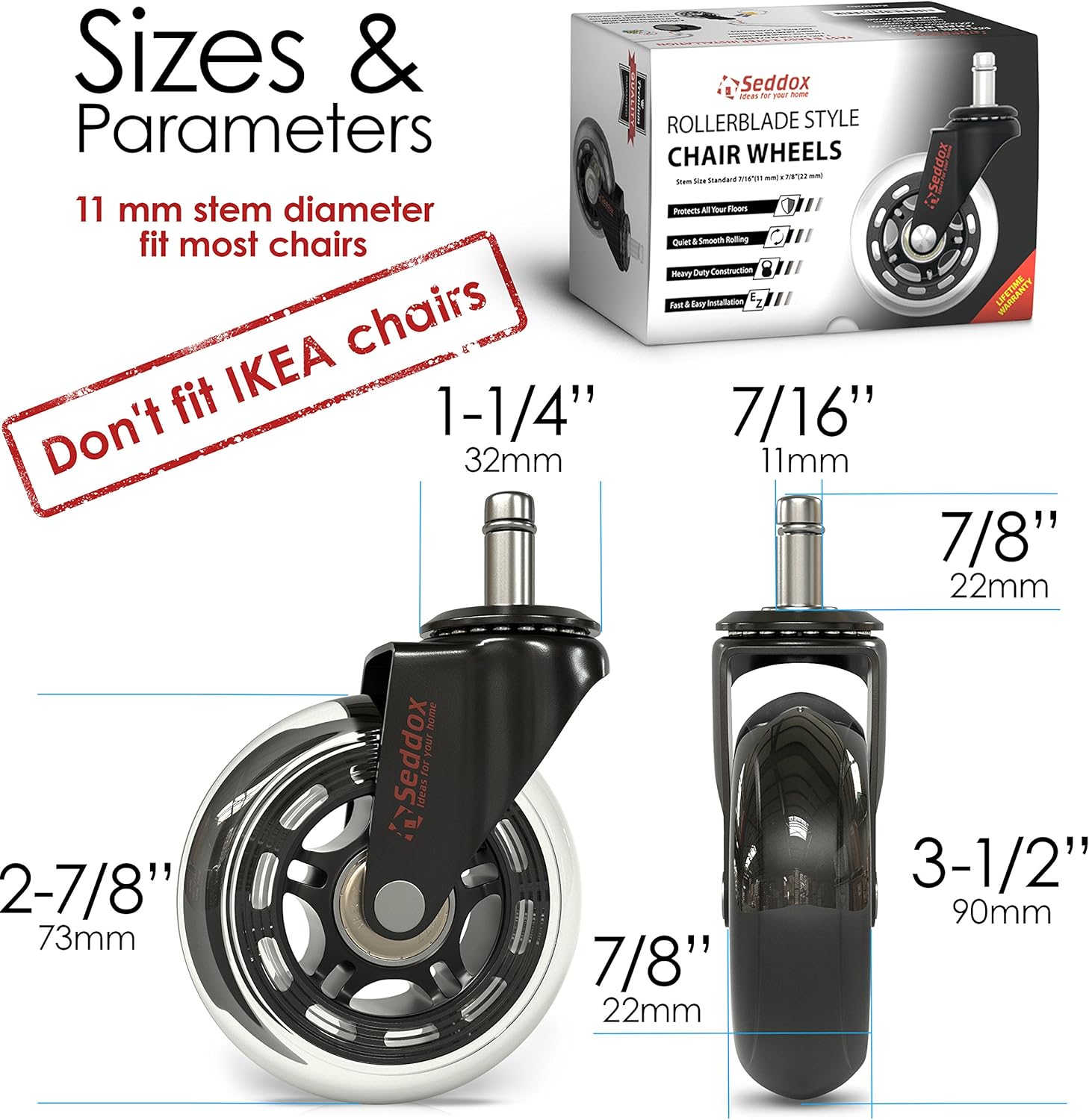 Professional Office Chair Caster Wheels Gift Set of 5 - Protect All Your Floors - 3'' Heavy Duty Replacement Rubber Chair Casters - Best Protection for Your Hardwood Floors: Furniture & Decor