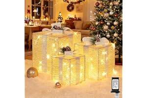 Brightever 10" 8" 6" Set of 3 Christmas Lighted Gift Boxes - Pre-lit 70 LED Plug-in Larger Present Boxes Outdoor Christmas Decorations, Warm White Prelit Xmas Ornaments for Tree Porch Yard Lawn Decor