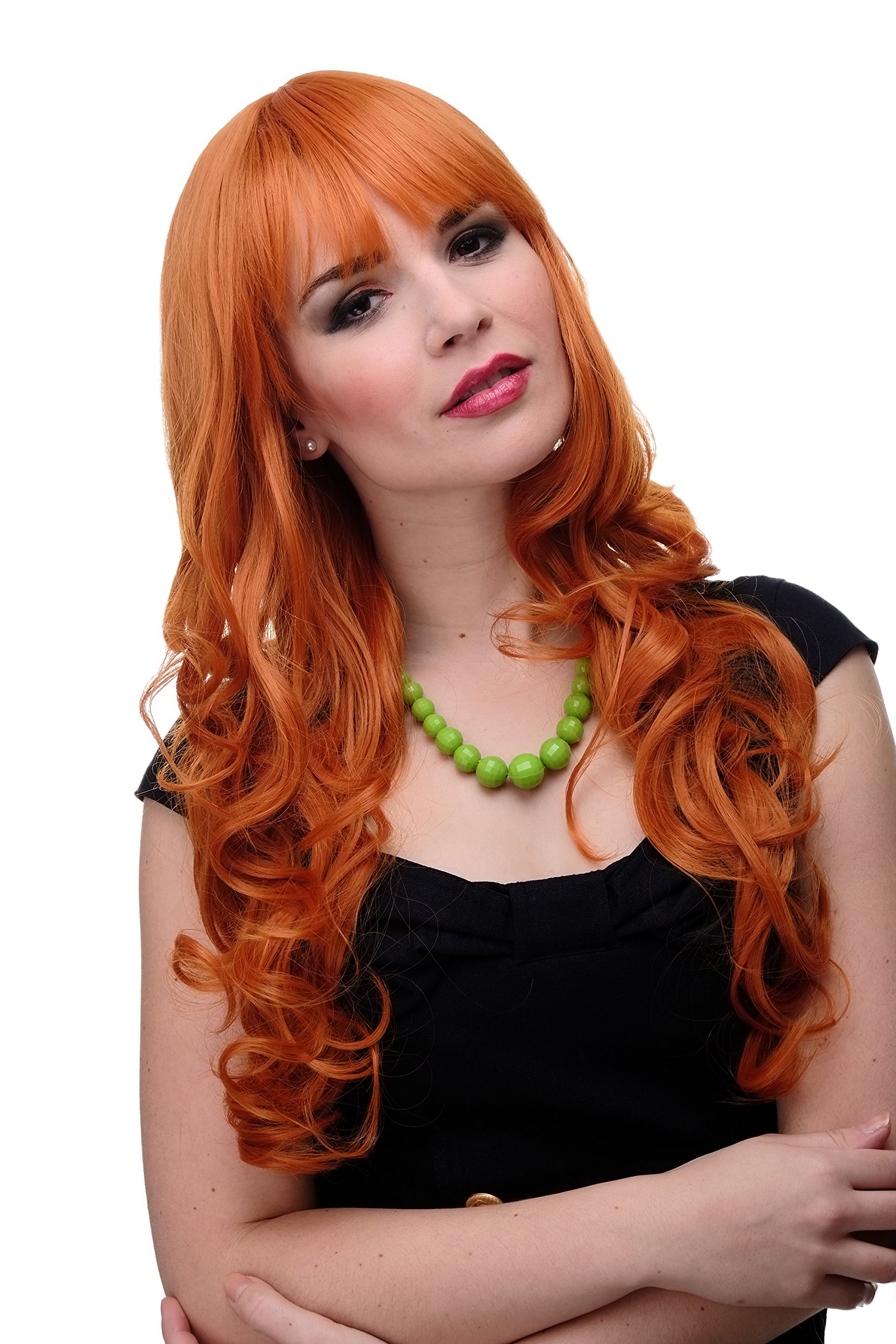 WIG ME UP 285-T2735 Lady Quality Cosplay Wig very long beautiful curling ends straight top fringe bangs orange orangey red approx 25inch