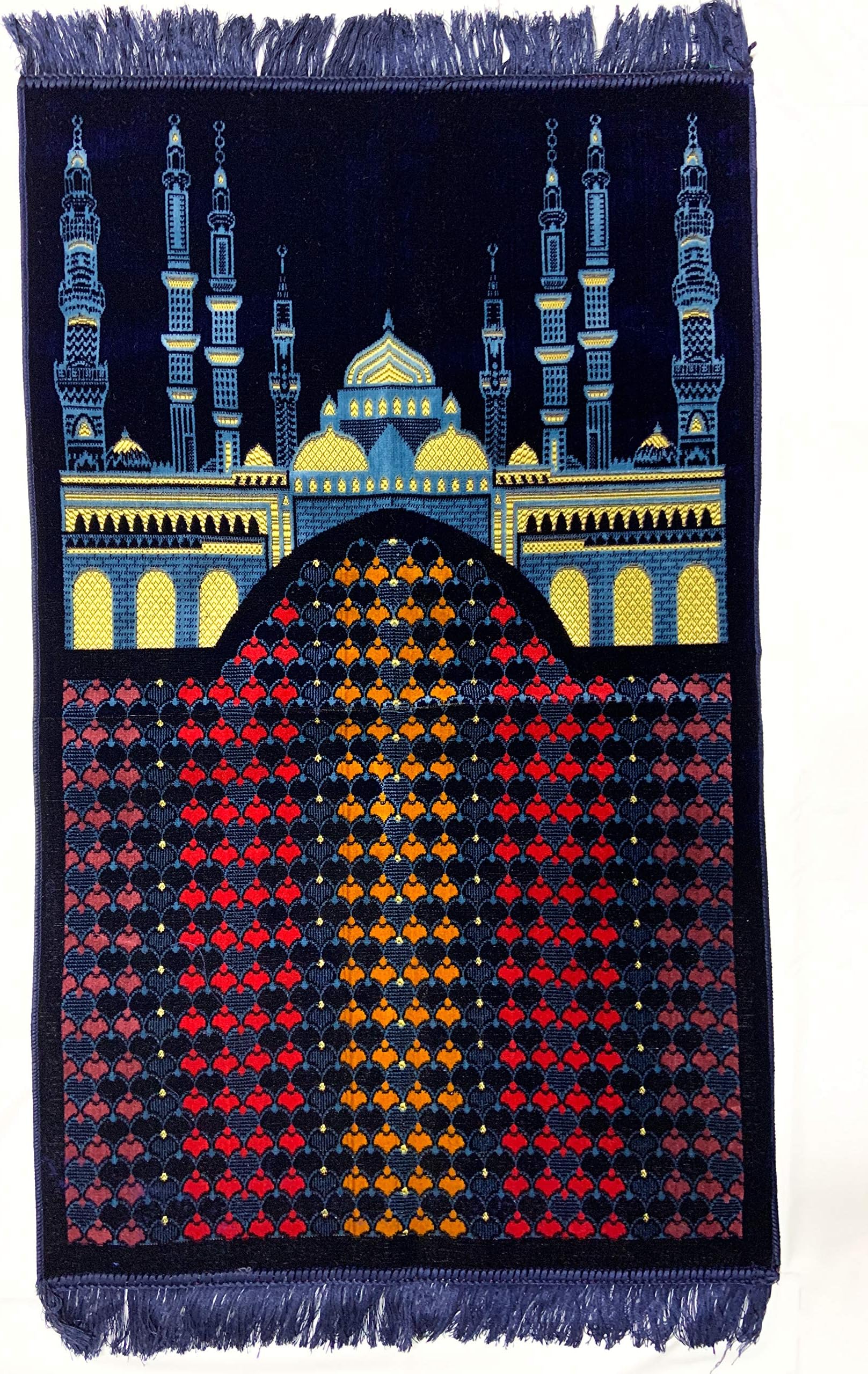 Al Arabia Muslim Prayer Rug - Made from Embossed Velvet - Features Medina Design & Fringes On Both Sides - Islamic Prayer Mat for Ramadan & Special Occasions, 44 x 27”, Dark Blue