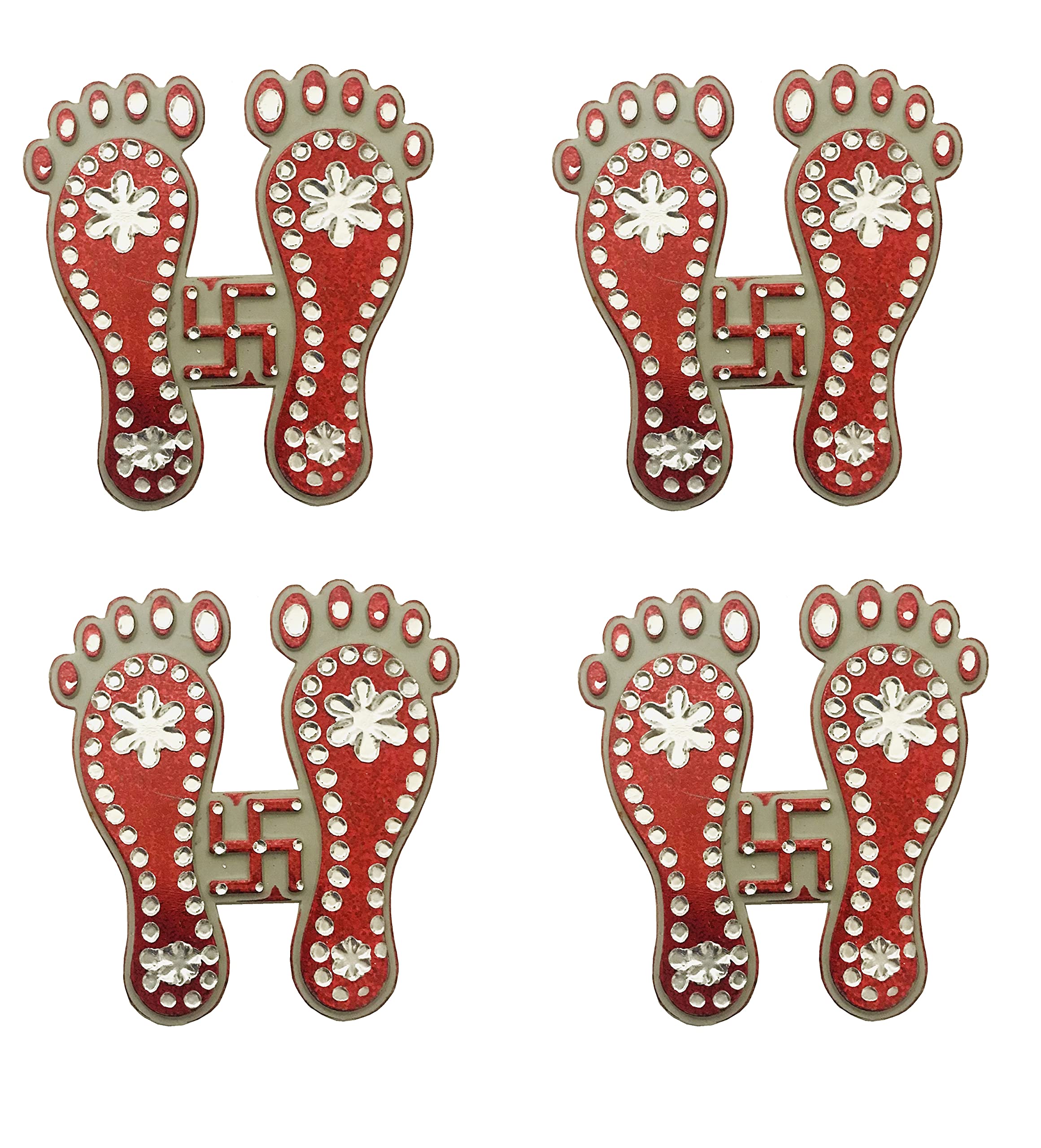 Red Laxmi Charan Paduka Feet Pagla Stickers Sticker Decor Decorative for Diwali Decor, Deepawali Pooja Door Wall Floor House Office Gift Gifts Return/Good Luck (charan paduka Pair 4)