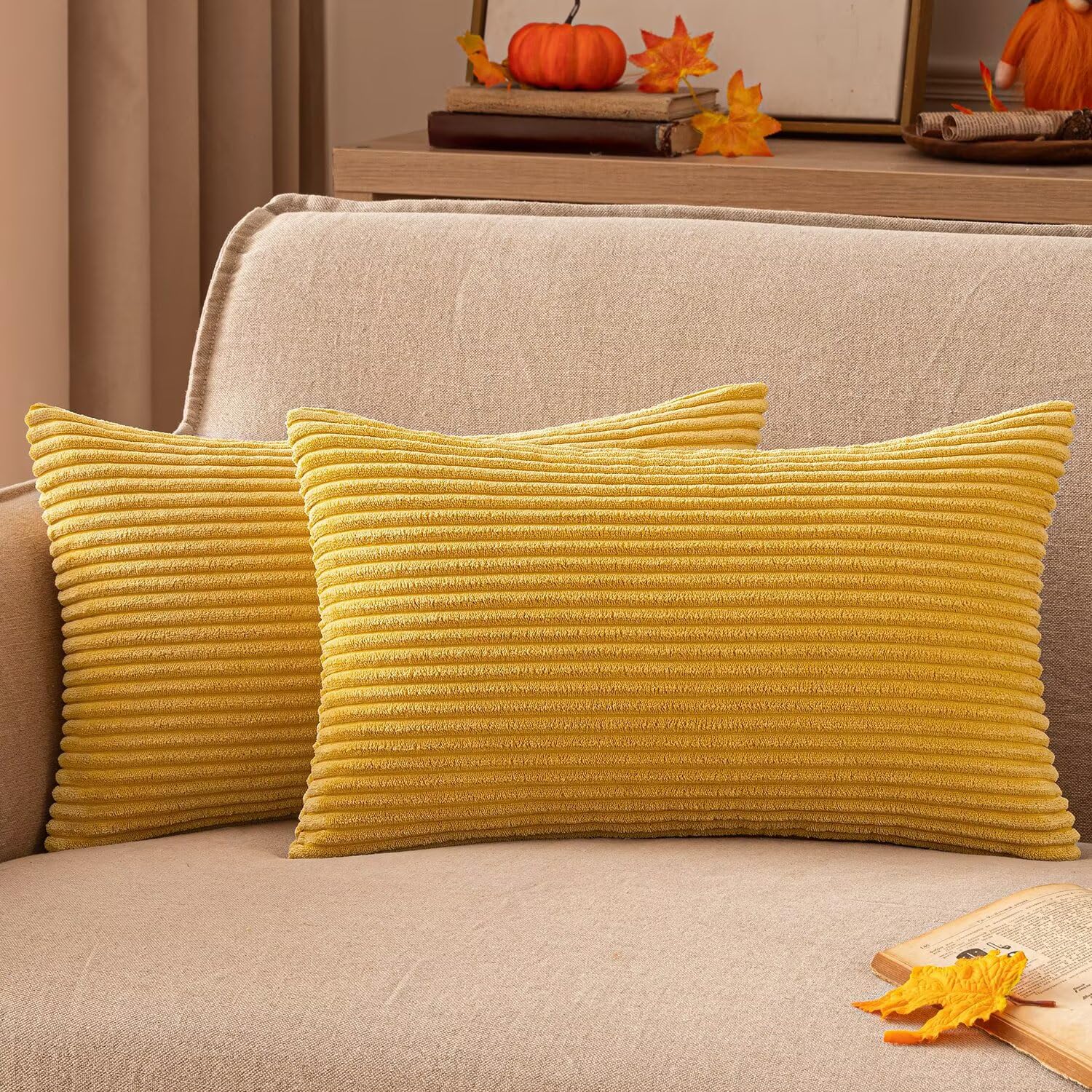 EMEMA Decorative Pillow Cover 40x60 cm Autumn Corduroy Pillow Covers Decorative Pillow Sofa Pillow Cord Pillow Cover Decorative Soft for Sofa Living Room Bedroom 2-Piece Set Straw Yellow — image 1