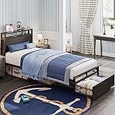 LIKIMIO Twin XL Bed Frames with Drawer, Storage Headboard with Outlets, No Box Spring Needed, Easy Assembly, Gray Black