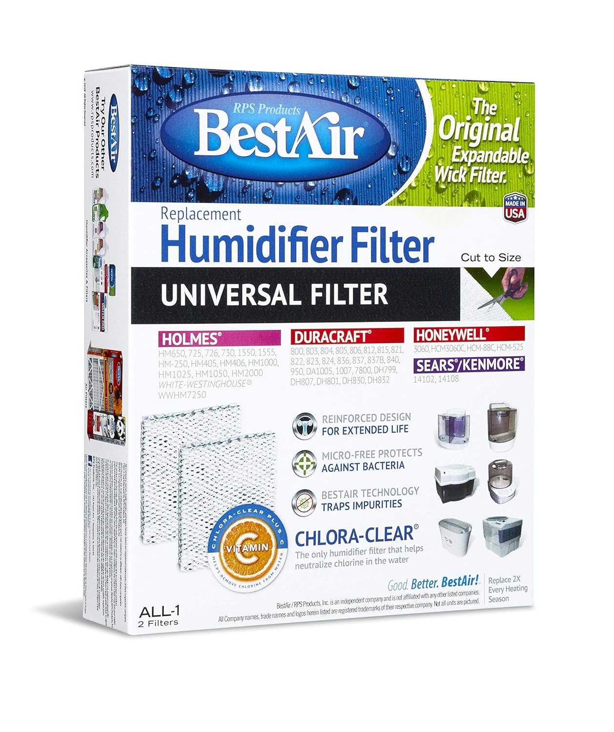 BestAir ALL-1, Duracraft Universal Replacement, Paper Wick Filter, 7.2" x 1.9" x 9.6"