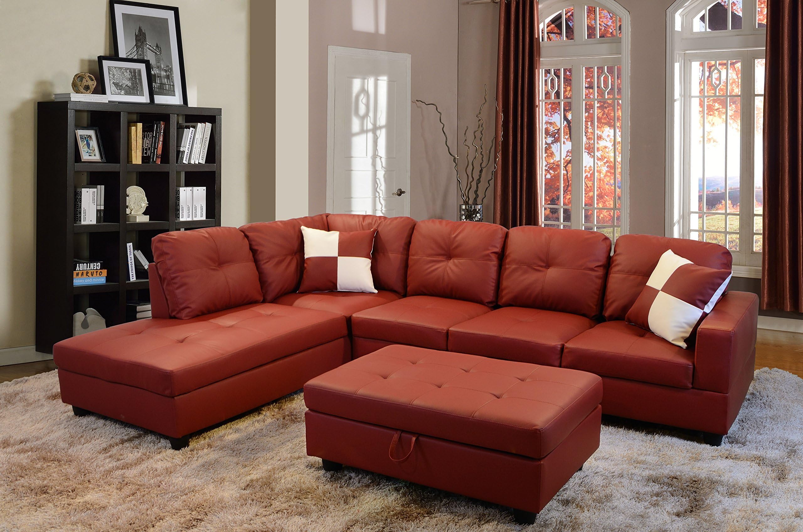 Eternity Home Rosanna 3 Seated L-Shape Sofa Set with Ottoman, Left Facing, Red