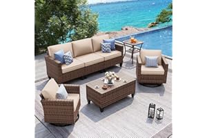 UDPATIO Patio Furniture Set, 5 Pieces Outdoor Conversation Sets with Rocking Swivel Chairs, Wicker Rattan Outdoor Sofa Set with Storage Table and Waterproof Covers for Backyard, Deck, Porch, Khaki