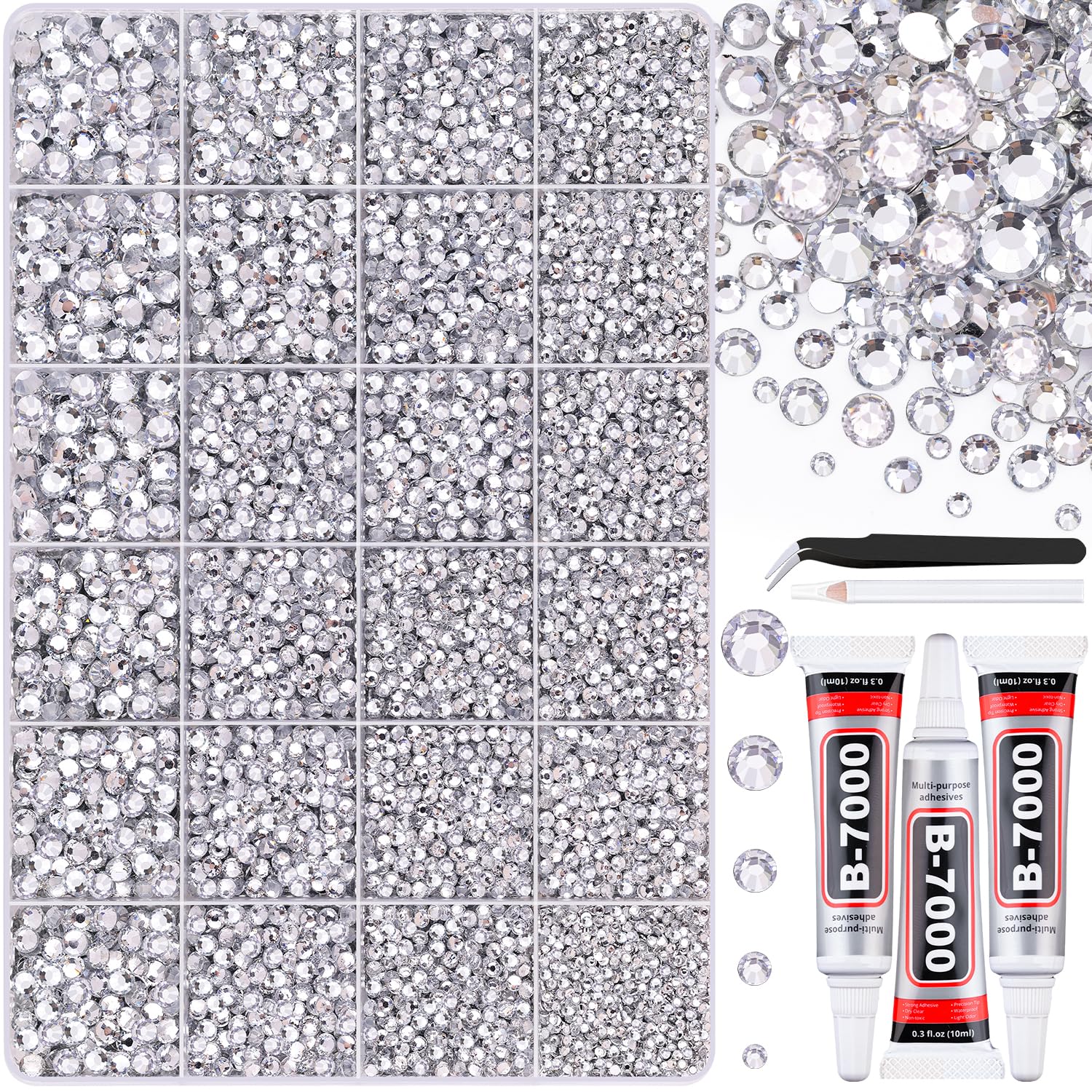 Photo 1 of 30000Pcs Resin Silver Clear Rhinestones for Bedazzling Crafting with b7000 Jewelry Glue, Bulk Flatback Gems Bedazzler Kit for Crafts Clothes Shoes Fabric Nail Diamond Art, Assorted Size 2/3/4/5/6mm