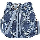 Hyuyikuwol Women Denim Mini Bucket Shoulder Crossbody Bag Drawstring Quilted Distressed Tassel Barrel Shape Satchel Purse