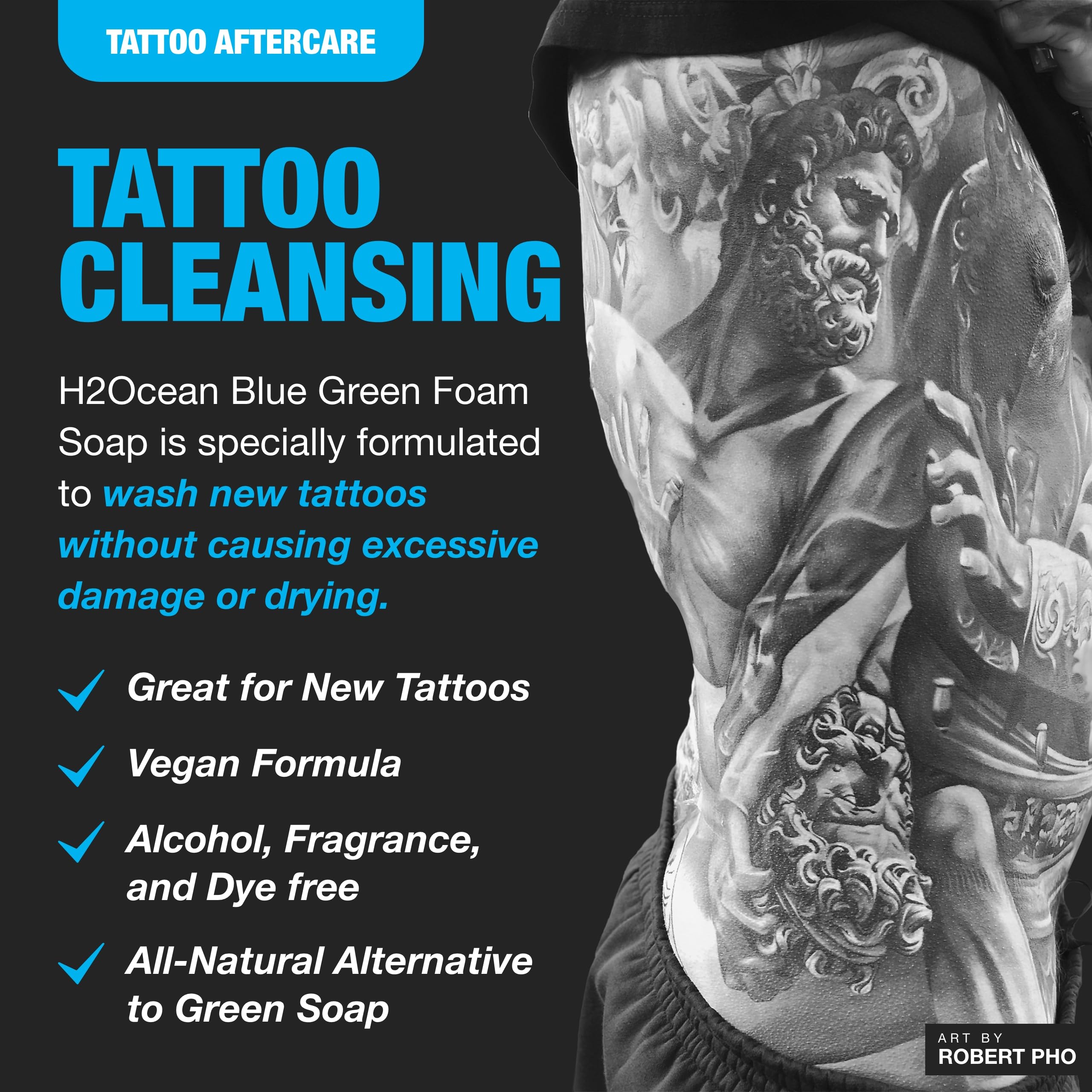 H2Ocean Blue Green Foam Soap - Foam Antibacterial Aftercare - Tattoo Care with Aloe Vera - Travel-Size Tattoo Moisturizer Soap - 1.7 oz