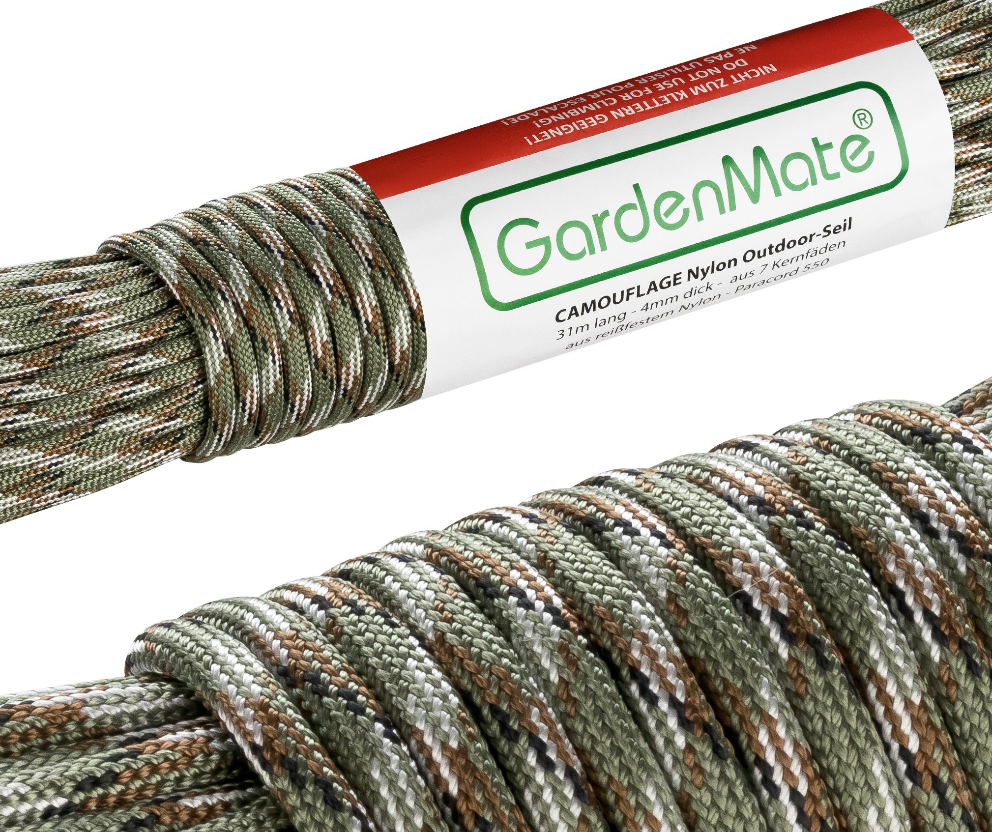 GardenMate Professional Nylon Outdoor Rope, Paracord 550, 31m Long, 4mm Thick, Tear-Resistant Kernmantle Rope with 7 Core Strands, Camouflage