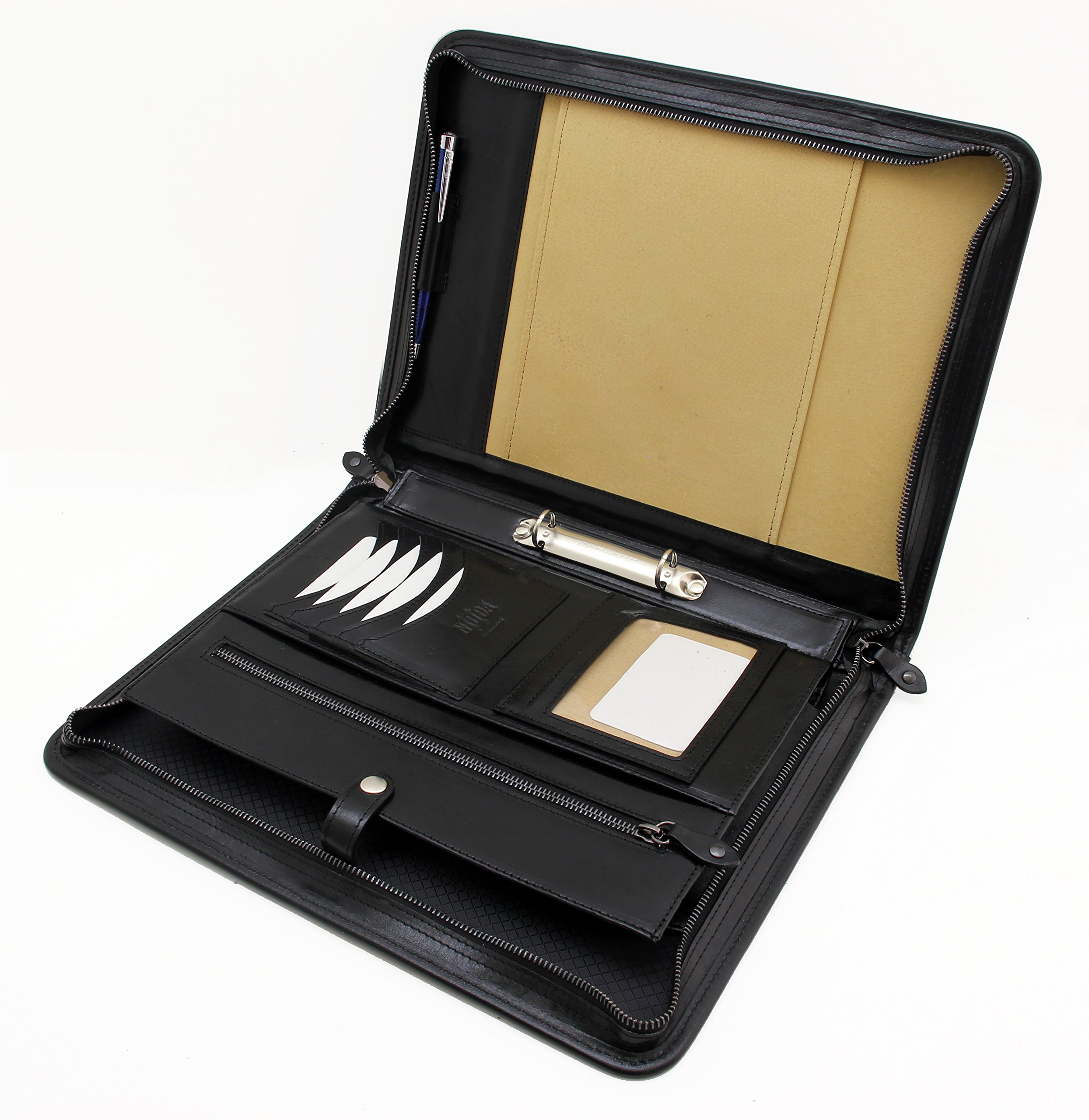Italian Leather Portfolio, Zipped A4 Folder, Padfolio 4 Ring Binder, Leather Folio with Handle (Black)