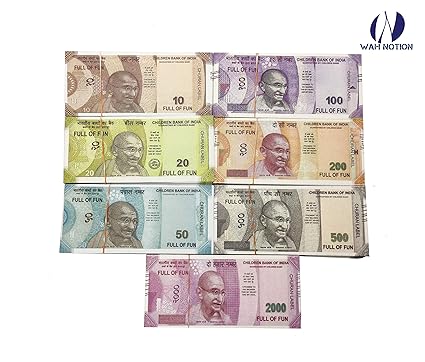 Wah Notion Dummy Indian Fake Currency Notes 100 Units for Each Note All New 10, 20, 50, 100, 200, 500, 2000 Artificial Coupon Playing Currency for Children