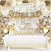 Gold Birthday Party Decorations White and Gold Birthday Decorations for Women Girls with Beige Cream Balloon Arch Sash Golden Tablecloth Banner Backdrop Cake Topper