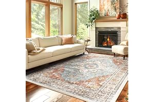 BESTSWEETIE Area Rug 8x10 Rugs for Living Room 8 x 10 Washable Rugs Non Slip Vintage Boho Living Room Rugs for Bedroom Dining Room, Distressed Floral Pattern Carpet, Green Brick Rust Red