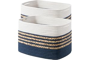 UBBCARE 2 Pack Baskets for Organizing, Woven Storage Baskets for Toys and Towel, Rectangle Cotton Rope Basket with Handles, 15''L x10''W x9''H, Navy Blue