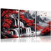 Red Forest Waterfalls Canvas Wall Art Grey Mountains Lake and Red Trees Landscape Pictures Wall Decor Black and White Natural Scenery Poster Painting Prints for Living Room Bathroom Office Decorate