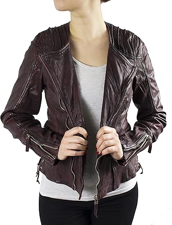 RICANO Nancy, Damen Lederjacke (Slim Fit) im Bikerstil aus echtem Lamm Nappa Leder in Schwarz und Oxblood Rot