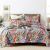 Qucover Boho Quilt King Size, 100% Cotton Bedspread, Vibrant Colorful Gorgeous Paisley Print Coverlet Bedding Set for Living Bedroom, Bed Cover with 2 Pillow Shams, 98x106 Inches