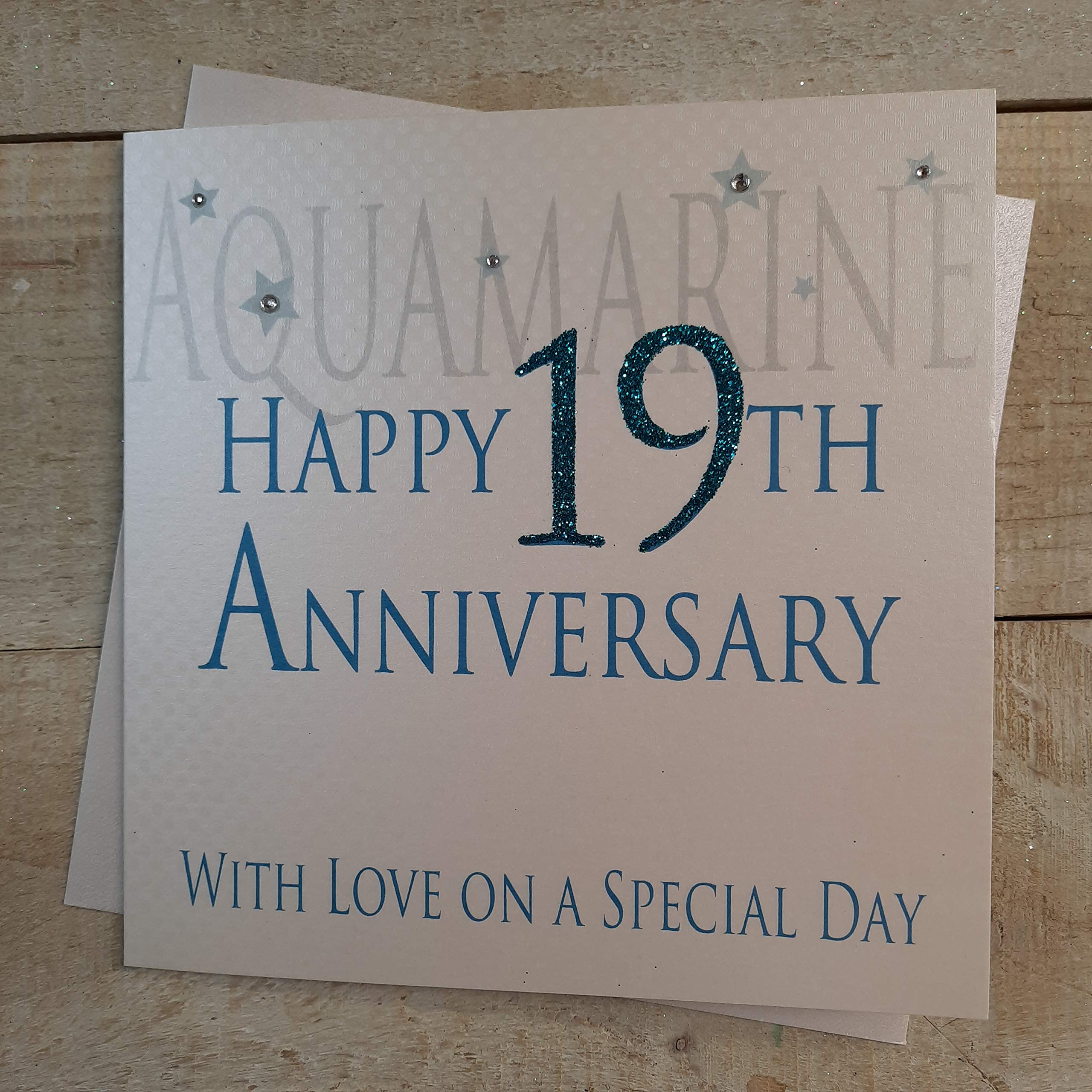 WHITE COTTON CARDS Aquamarine Happy 19th Love On A Special Day, Handmade Anniversary Card (Code AW19)