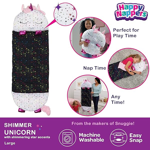 HAPPY NAPPERS PILLOW & SLEEPY SACK- COMFY, COZY, COMPACT, SUPER SOFT, WARM, ALL SEASON, SLEEPING BAG WITH PILLOW- LARGE 66” X 30”, SHIMMER UNICORN