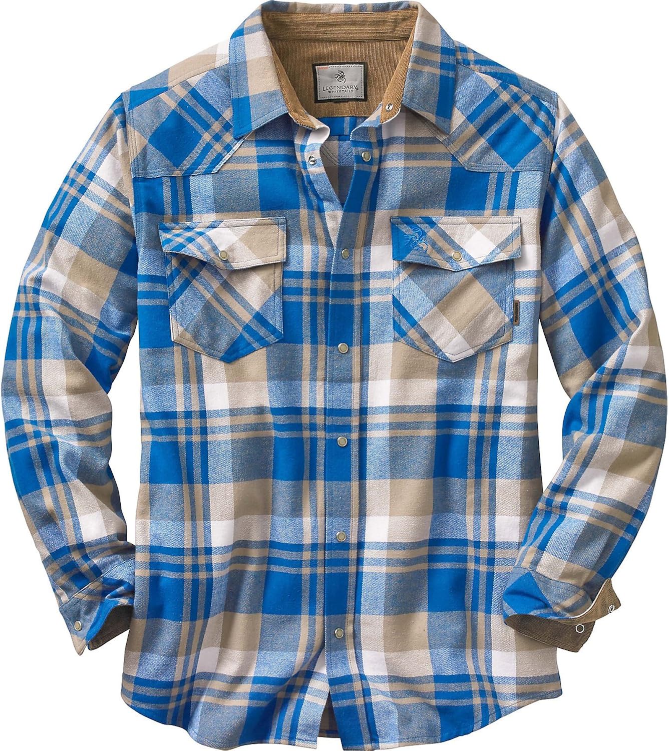 Legendary Whitetails Men's Shotgun Long Sleeve Western Flannel Shirt-Casual Snap Front Regular Fit Plaid with Corduroy Trim: Clothing