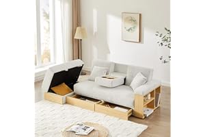 HomSof Multi-Functional Sofa Sleeper Ottoman Pull Out Drawer, Fold Out Couch Bed with Side Two-Tier Storage Rack, Light Gray