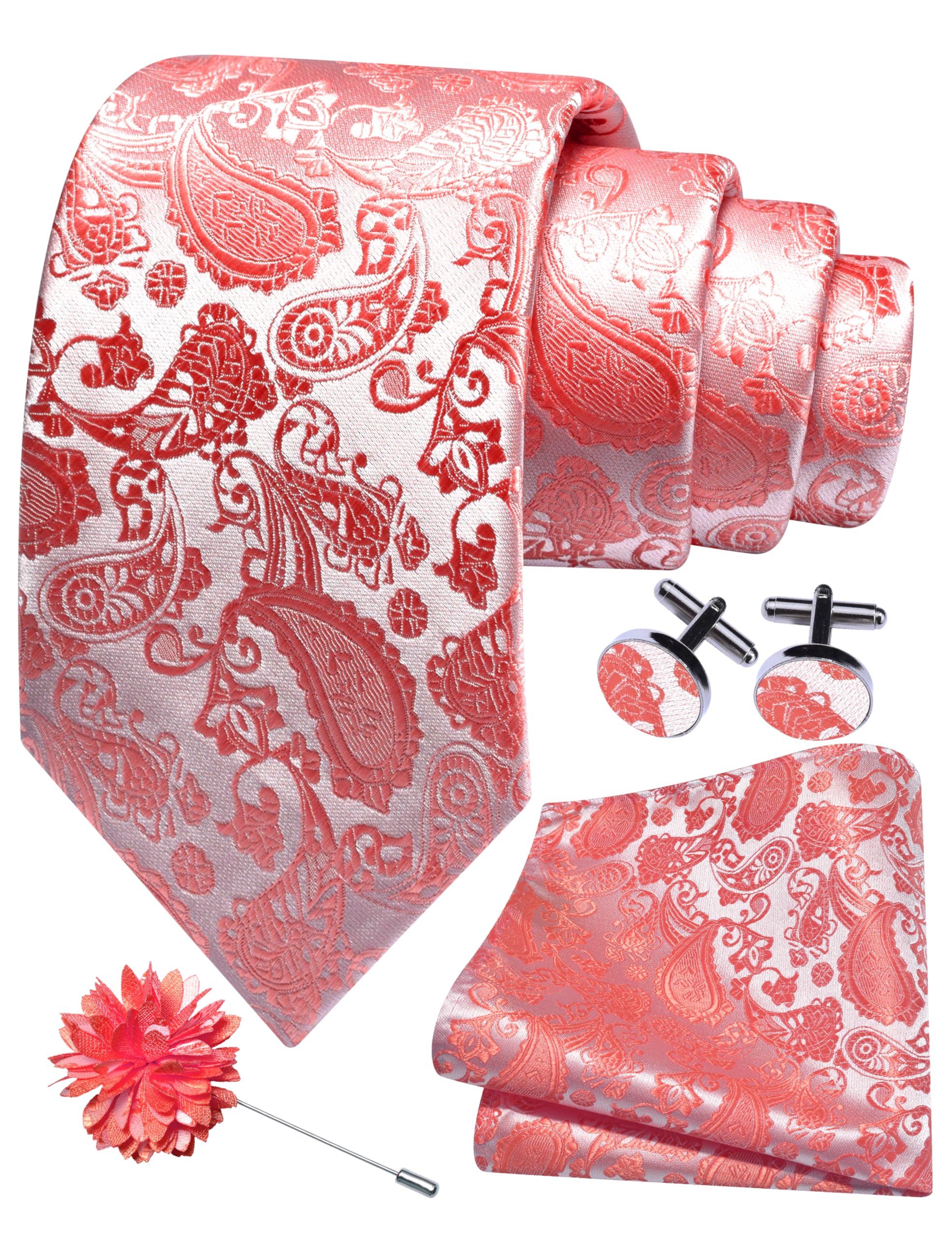 GUSLESON Mens Coral Tie for Wedding Coral Pink Silk