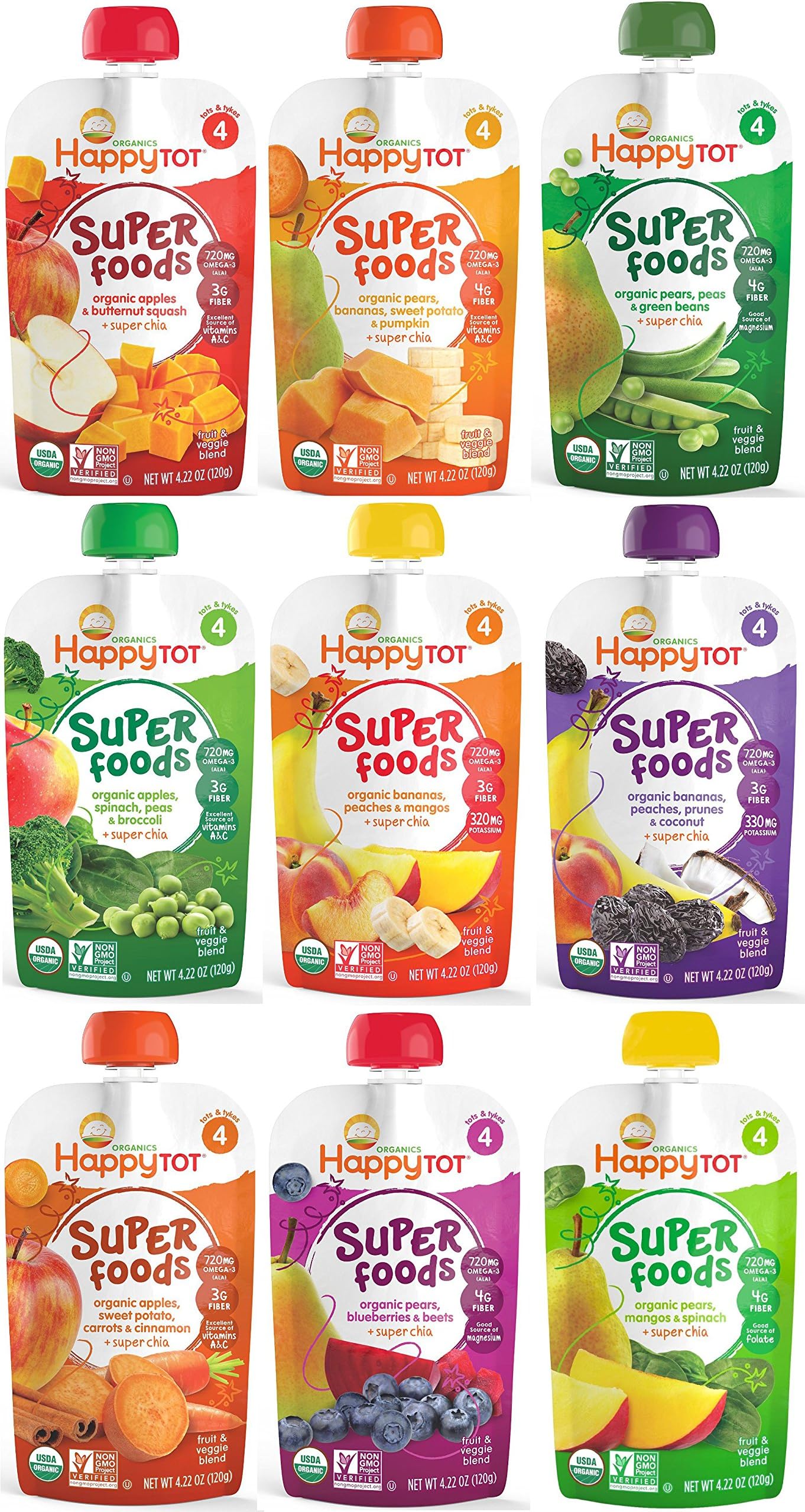 Happy Tot Organic Superfoods Stage 4 Baby Food 9 Flavor Variety Pack (Pack of 9)