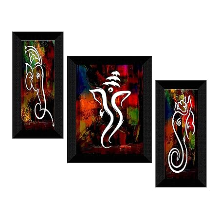 SAF Set of 3 Ganesha UV Coated Home Decorative Gift Item Framed Painting 28.5 inch X 19.5 inch SANFS7500L
