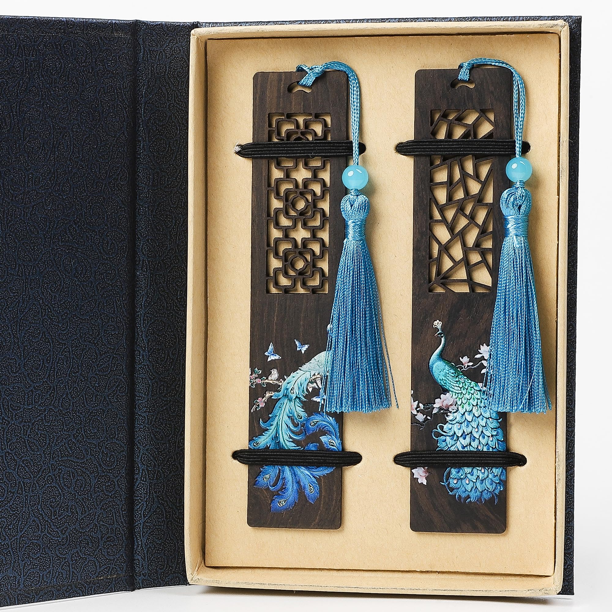 SNCCJ Handmade Wooden Bookmark, 2 Pieces Vintage Style Reading Book Markers with Pendant, Gift Box Set Ideal for Book Lover Librarian Readers Bookworm (Peacock)