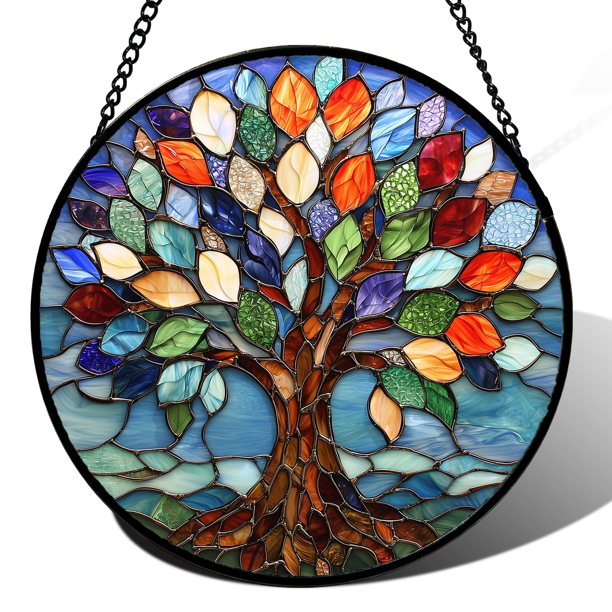 DASTOLL Stained Glass Window Hanging, Colorful Tree of Life Sun Catchers Glass Panel Blue Suncatcher Decor for Birthday for Women, Men, Wife, Aunt, and Mom 14.9x14.9 in Image
