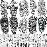 62 Sheets Large Wolf Lion Skeleton Temporary Tattoos For Men Women Arm, 3D Temp Bulk Halloween Accessory Realistic Tattoo Sticker For Adults Neck, Scary Skull Zombie Vampire Fake Tattoos Cobra Snake