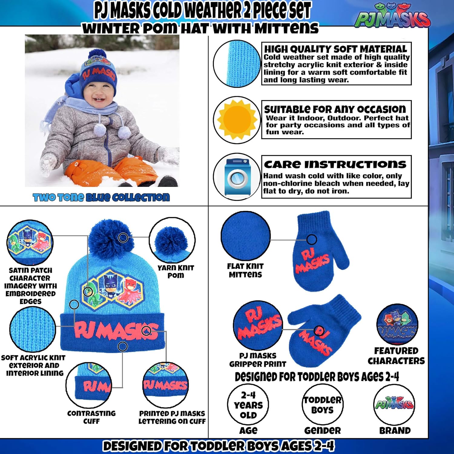 PJ Masks Boys Winter Hat Set, Catboy, Owlette and Gekko Toddler Beanie and Mittens for Kids Age 2-4, Light Blue: Clothing