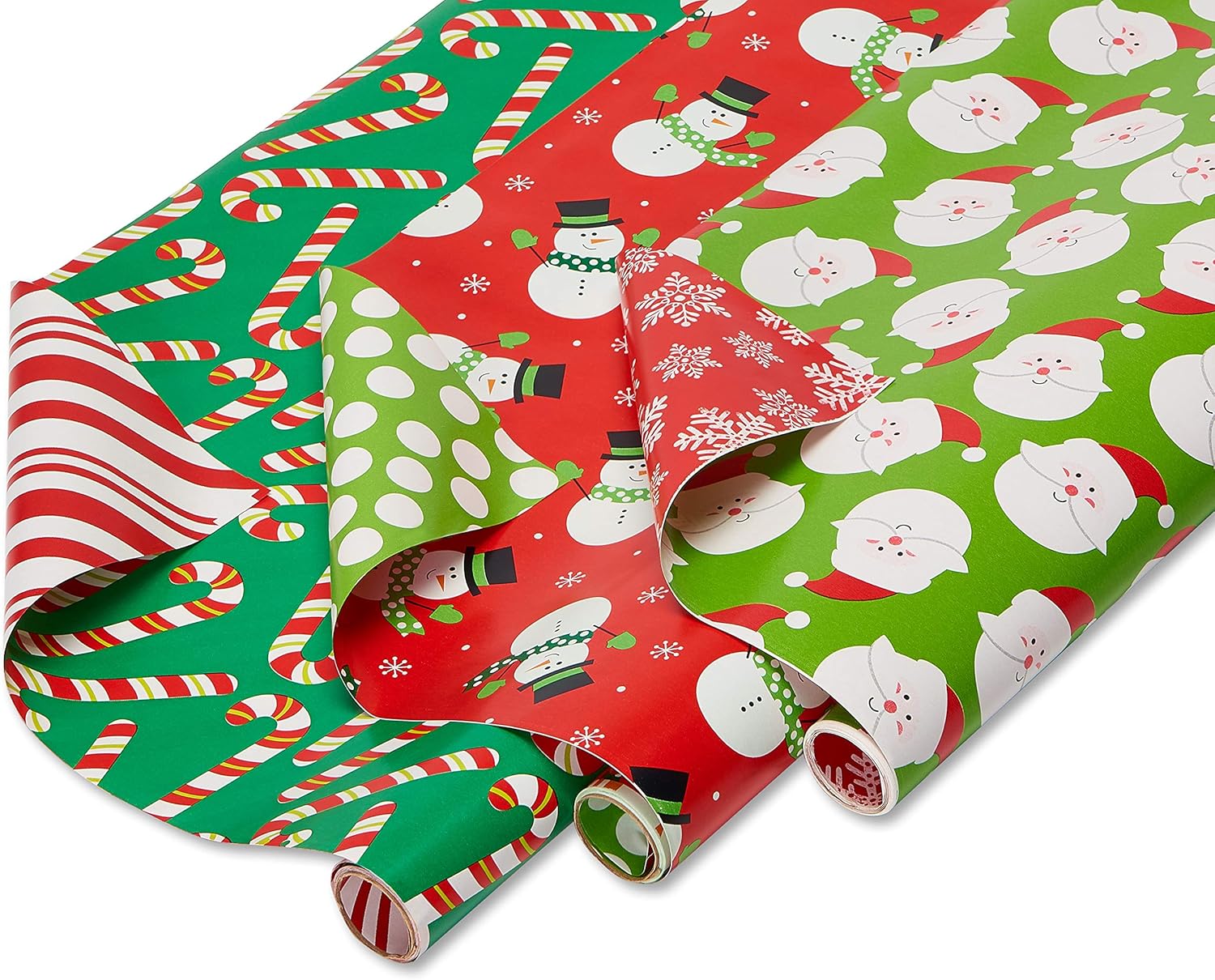 Amazon Com American Greetings Reversible Christmas Wrapping Paper Santa Snowmen And Candy Canes 3 Pack 120 Sq Ft Kitchen Dining