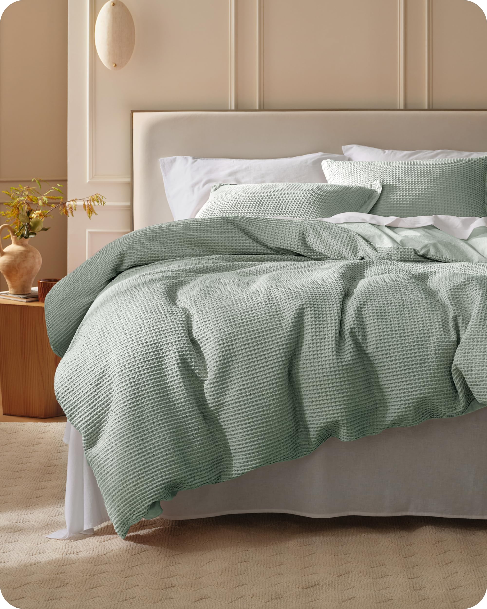 Photo 1 of Bedsure Cotton Duvet Cover King - 100% Cotton Waffle Weave Sage Green Duvet Cover King Size, GentleSoft™ and Breathable Bedding Set for All Season, 3 Pieces, 104"x90"