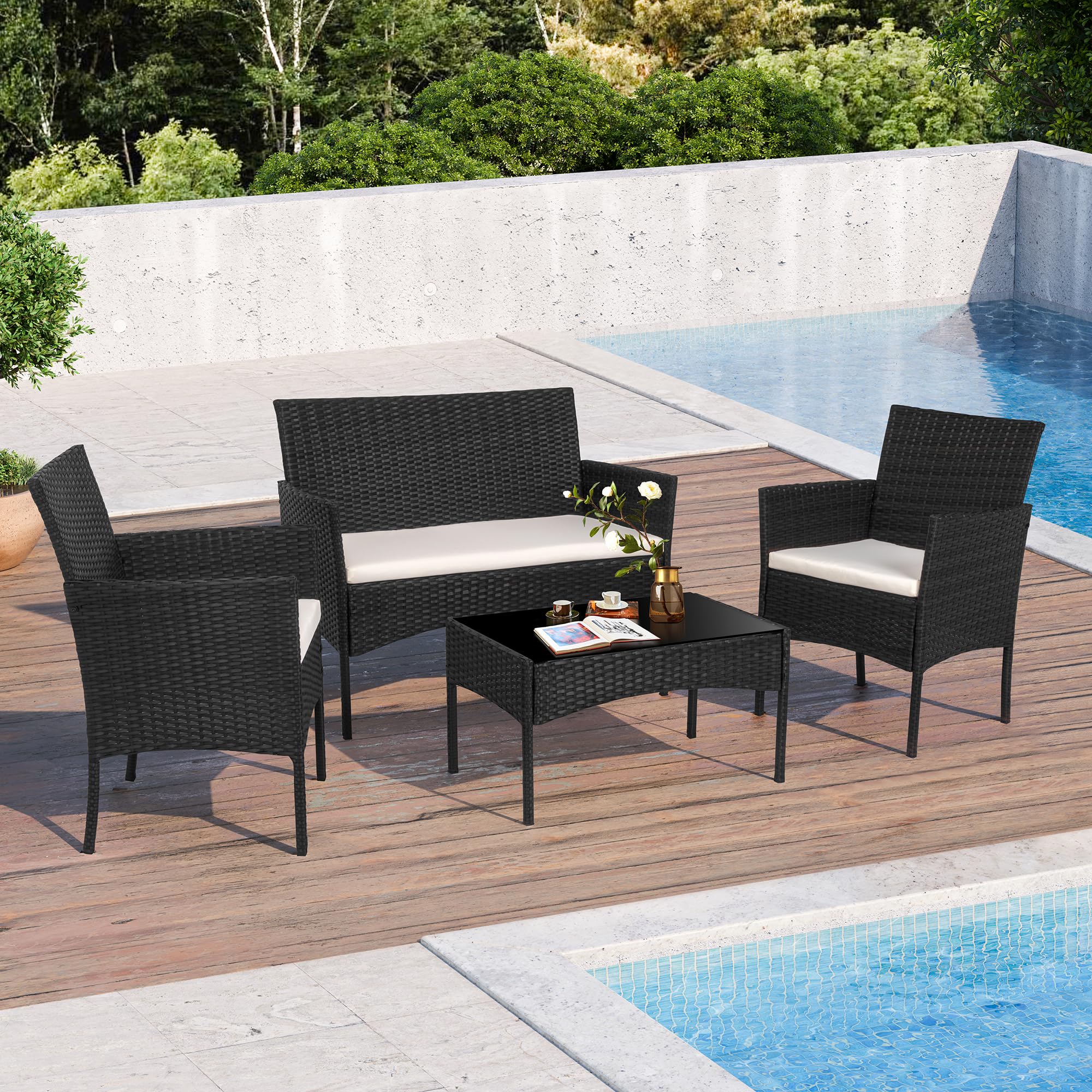Photo 1 of **PARTIAL SET, NO TABLE, MISSING SCREWS** Shintenchi 4 Piece Outdoor Patio Furniture Sets, Small Wicker Patio Conversation Furniture Rattan Chair Set with Tempered Glass Coffee Table for Backyard Porch Garden Poolside Balcony