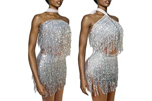 Baisdan Sequin Skirt for Women, Sequin Two Piece Set, Sparkly Skirt for Women, Glitter Fringe Skirt and Top Set, 2Pack