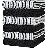 Popcorn Stripe Cotton Kitchen Towels - 6 Pack | 16'x26' | Highly Absorbent 400 GSM | Black