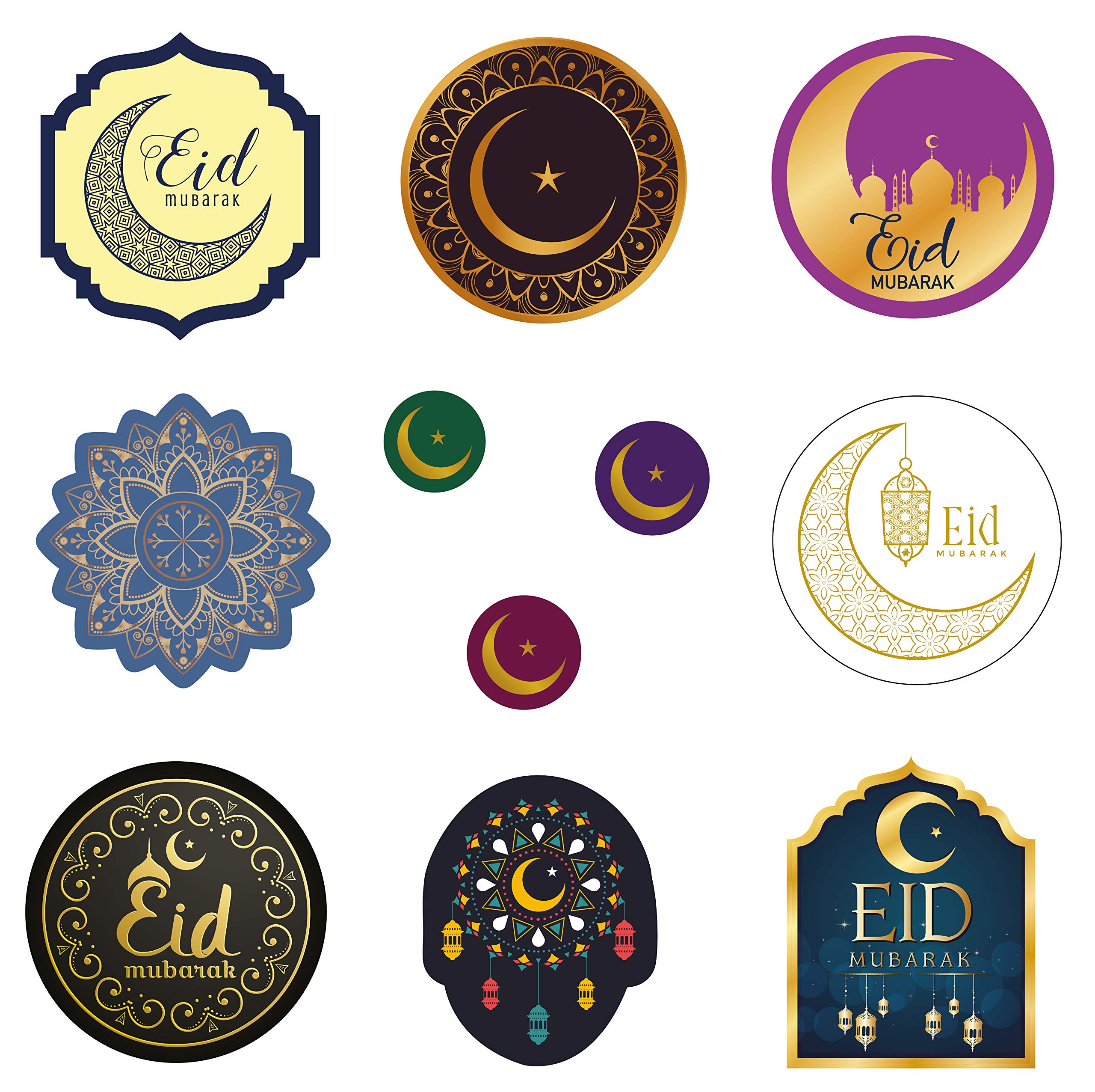 PartiKraft 22 x Eid Mubarak Stickers - Lanterns, Mandala, Crescent and Star, Mosque (2 x Sheets)