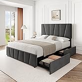 GarveeHome Full Size Bed Frame with Adjustable Headboard and 4 Storage Drawers, Soft Upholstered Platform Bed Frames with Wooden Slats Support, No Box Spring Needed, Dark Grey
