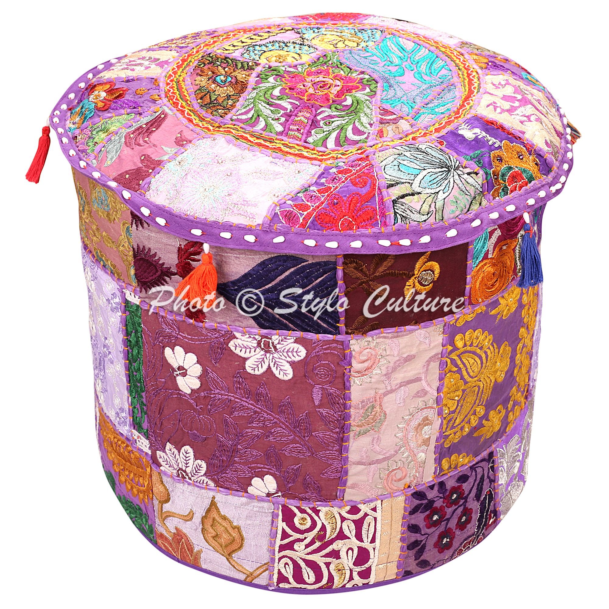 Stylo Culture Ottoman Pouffe Footstool Fabric Vintage Cover Purple Indian Embroidered Patchwork Cotton Traditional Round Ottoman Pouf Cover (18x18x13 Inch) 45cm (COVER ONLY)