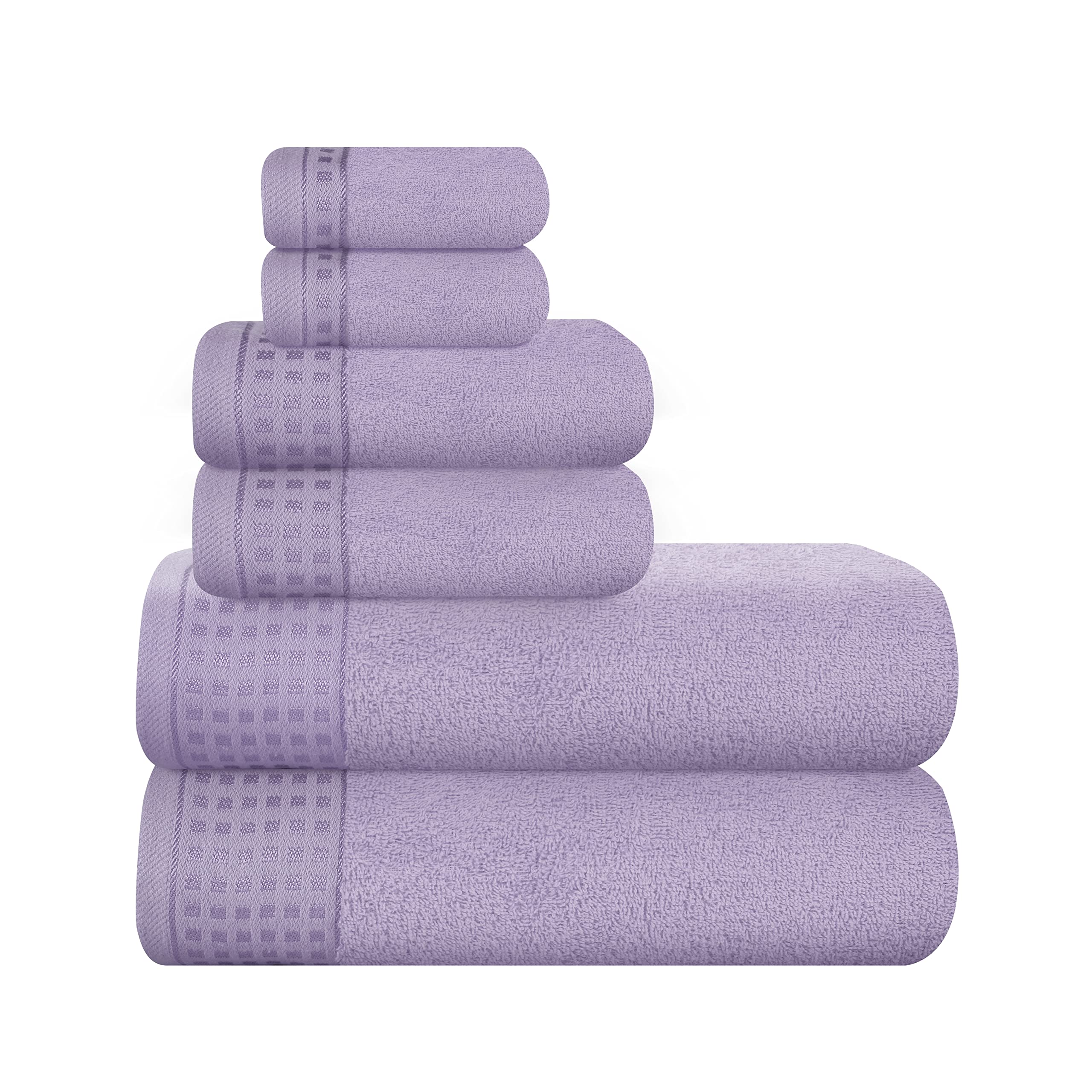 Photo 1 of GLAMBURG 100% Cotton Ultra Soft 6 Pack Towel Set, Contains 2 Bath Towels 28x55 Inches, 2 Hand Towels 16x24 Inches & 2 Wash Coths 12x12 Inches, Compact Absorbent Lightweight & Quickdry - Purple